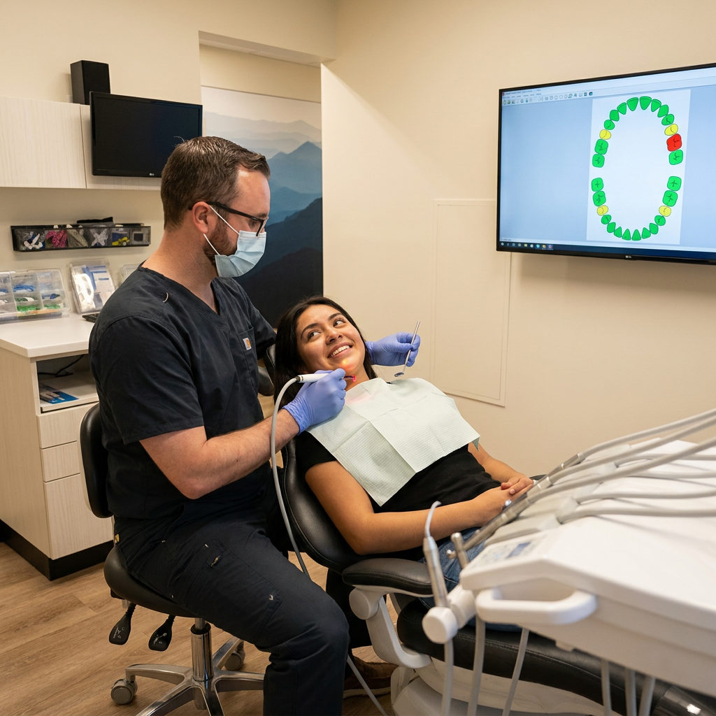 A Muldoon Dental Arts dentist uses a laser pen to scan a patient's teeth while reviewing a color-coded chart in Anchorage.