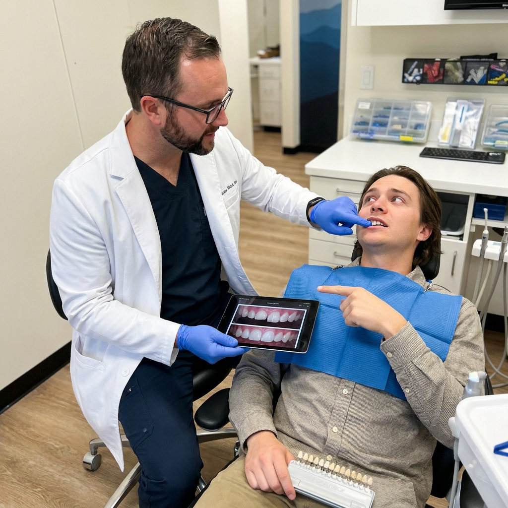 A dentist at Muldoon Dental Arts in Anchorage, AK shows a patient bonding examples on a tablet during an exam.