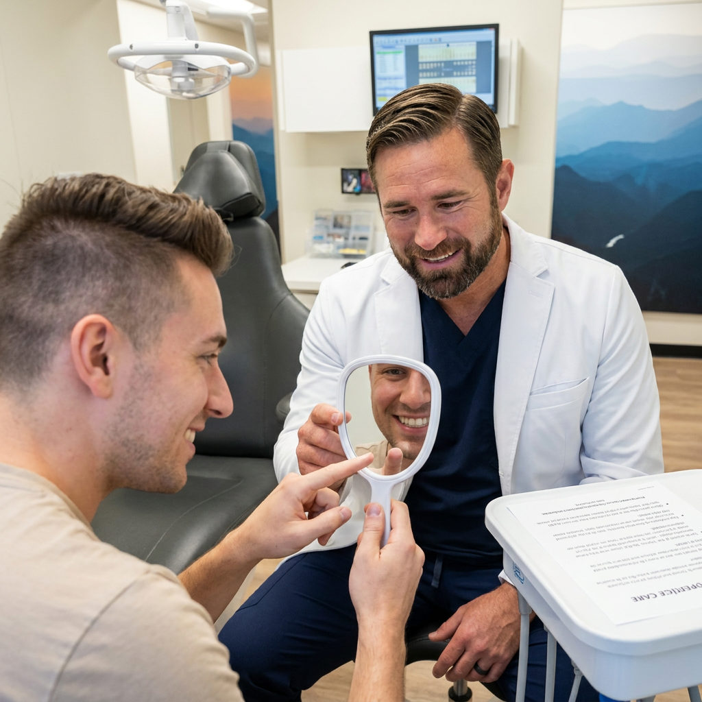 A dentist and patient at Muldoon Dental Arts in Anchorage look in a mirror to see a tooth colored composite filling.