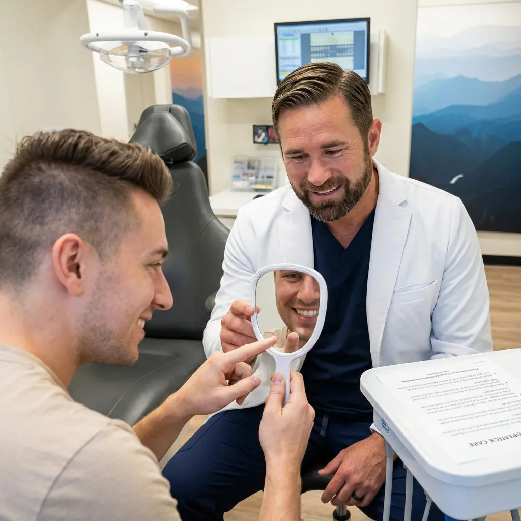 A dentist and patient at Muldoon Dental Arts in Anchorage look in a mirror to see a tooth colored composite filling.