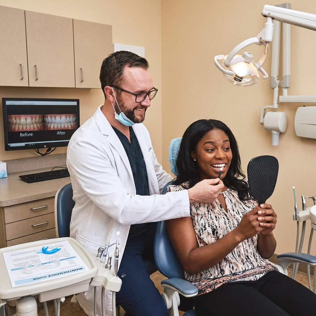 A Muldoon Dental Arts dentist shows an Anchorage patient her bright smile using a shade guide after take-home whitening.