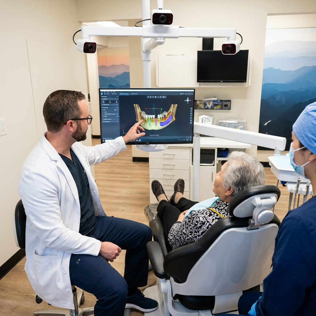 Muldoon Dental Arts team in Anchorage uses 3D navigation software for guided surgery on a reclined patient.