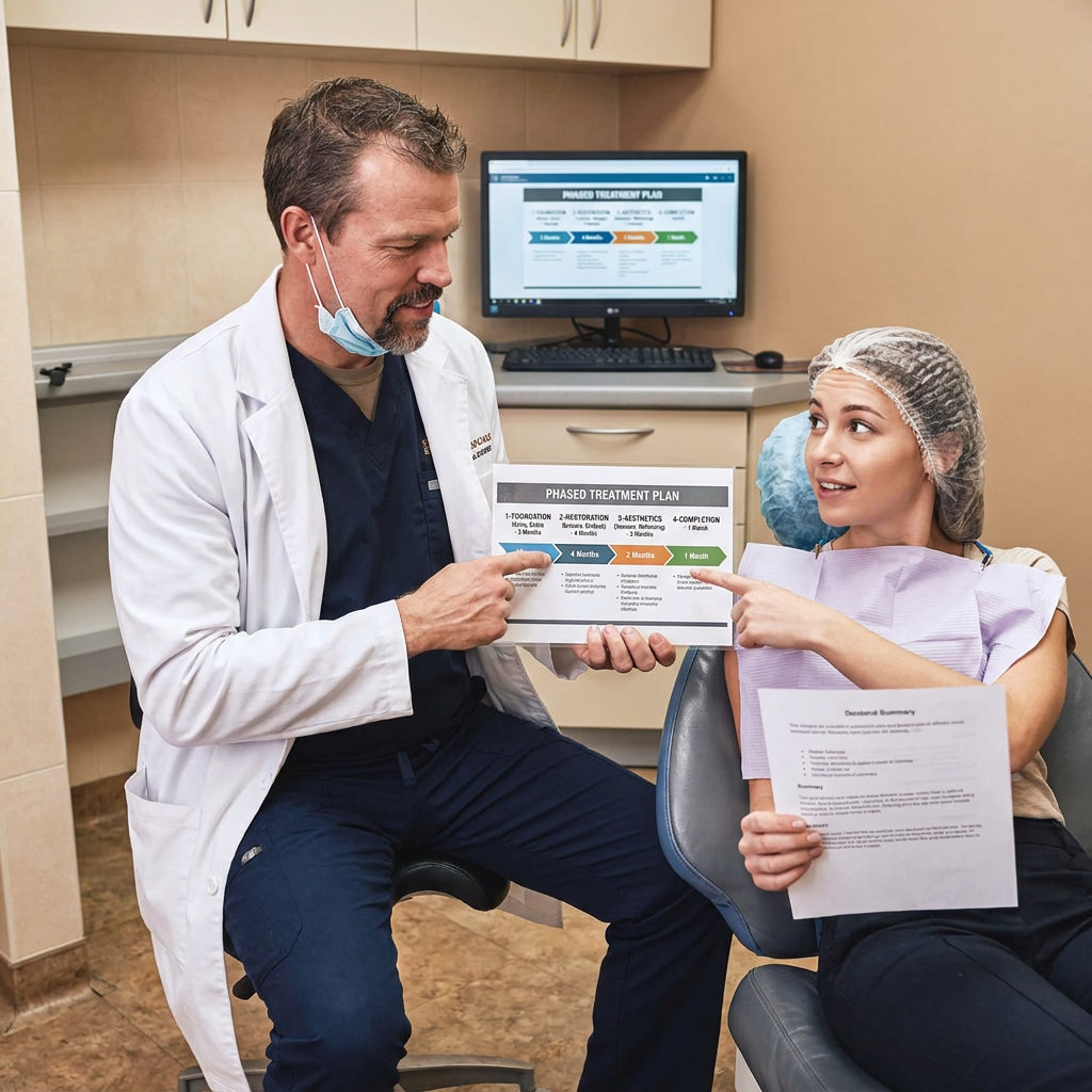 A Muldoon Dental Arts dentist in Anchorage shows a patient a phased treatment timeline for a full mouth reconstruction.