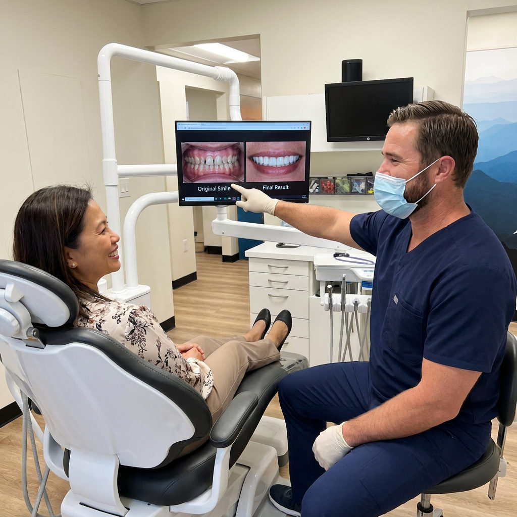A Muldoon Dental Arts dentist and patient in Anchorage review full mouth reconstruction results on a monitor.