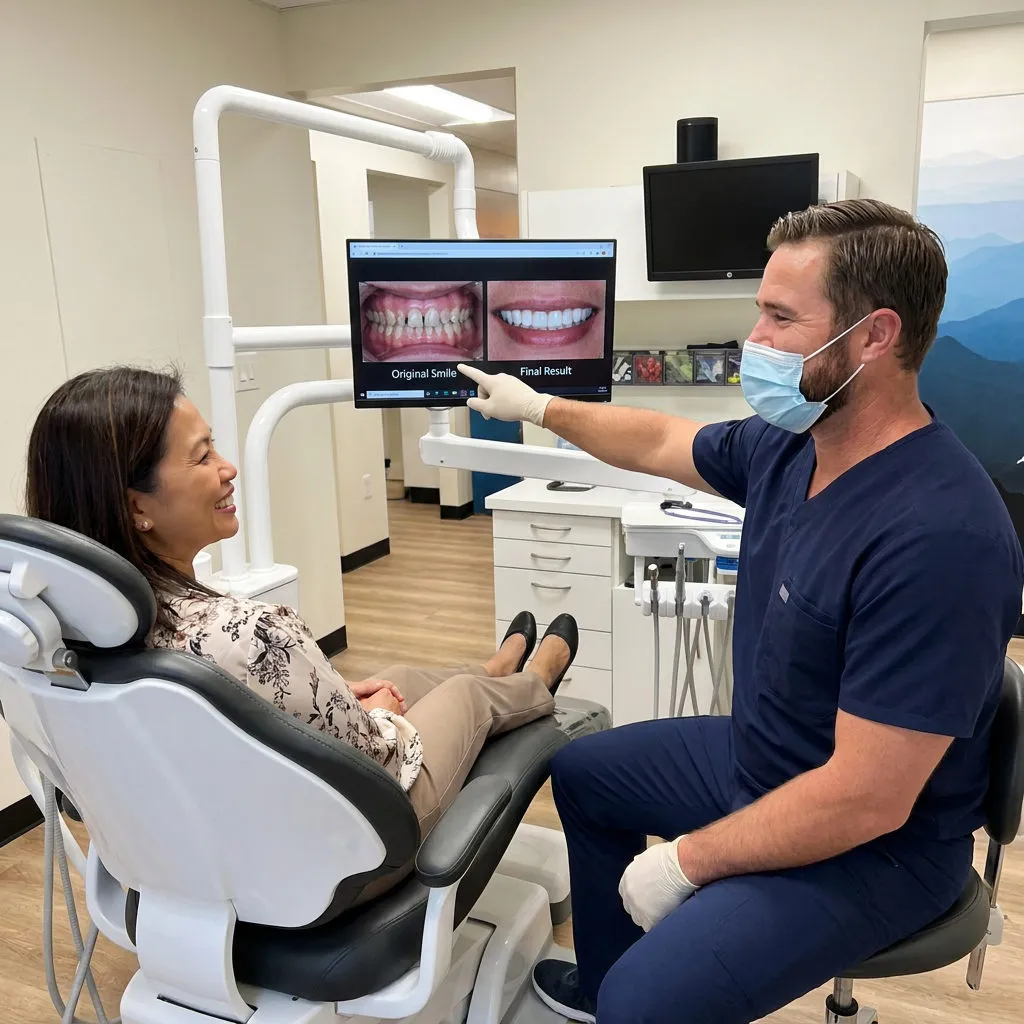 A Muldoon Dental Arts dentist and patient in Anchorage review full mouth reconstruction results on a monitor.