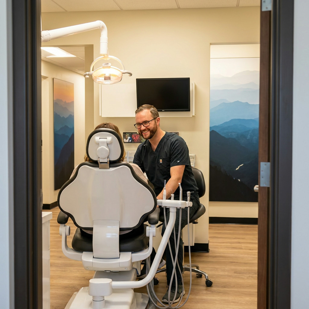 Dr. Anderson consults with a patient about Inlays and Onlays in a modern treatment room.