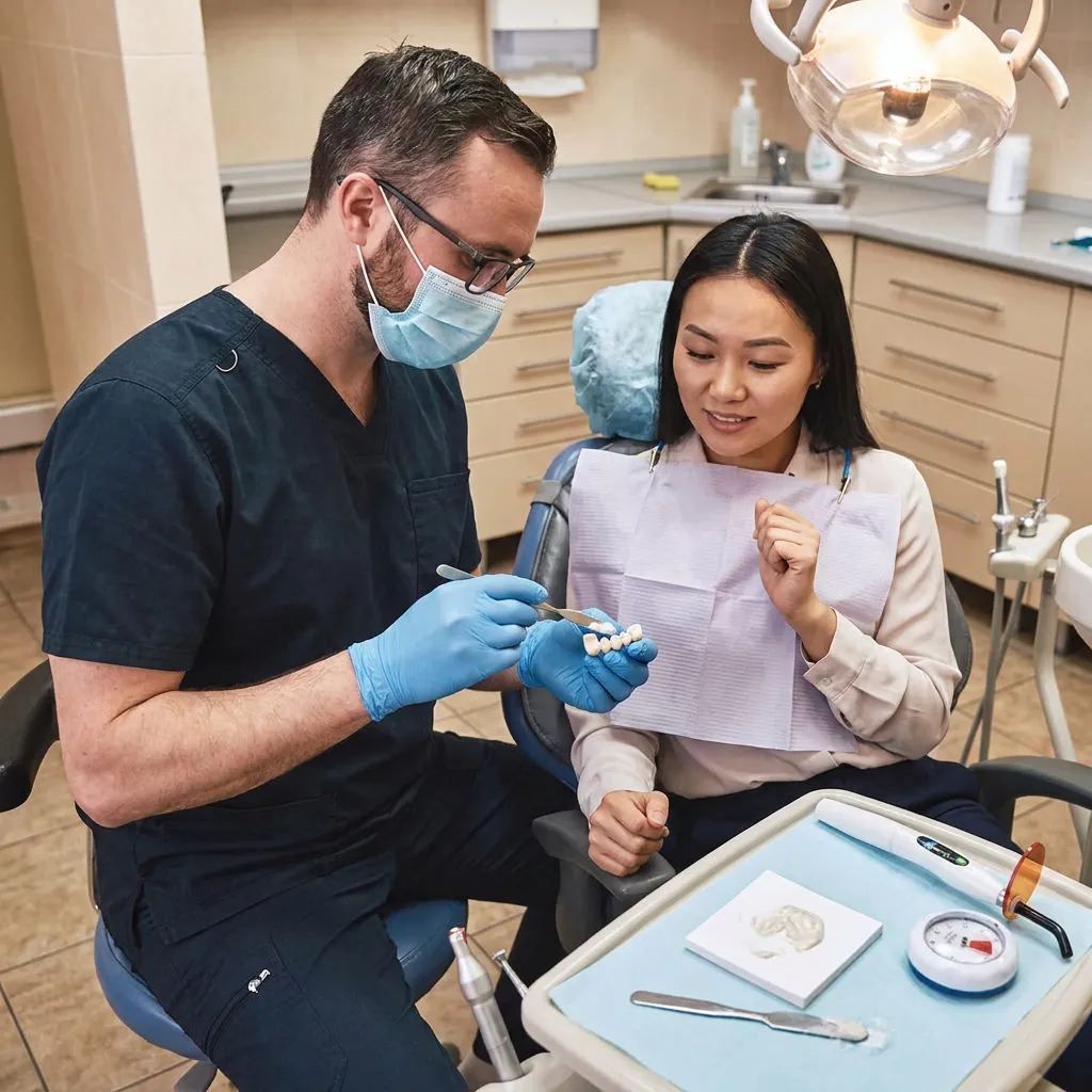 A dentist at Muldoon Dental Arts in Anchorage, AK, applies cement to a dental bridge as a patient watches the process.