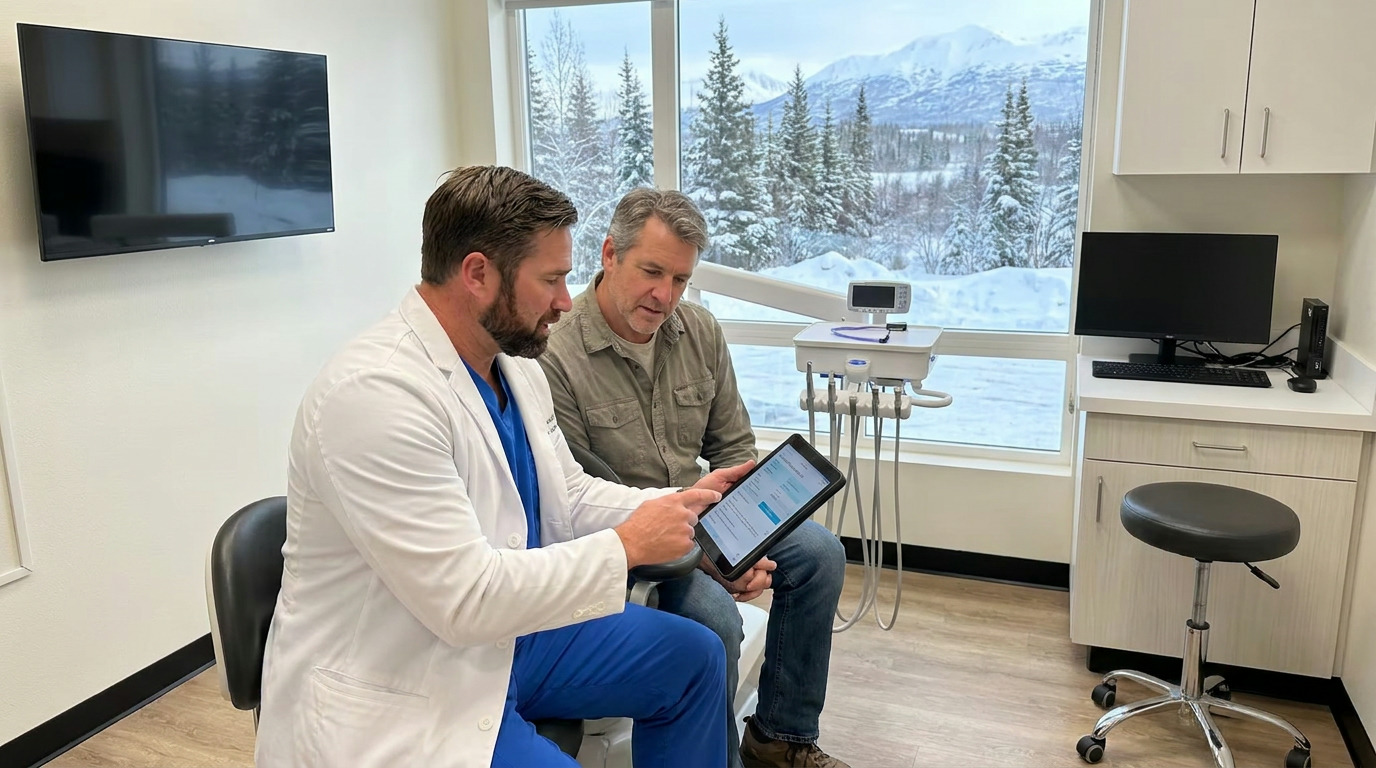 Dr. Chad Curtis, in a white lab coat and blue scrubs, points to a tablet while consulting with Jack, who wears a brown shirt, in a modern dental office with a large window overlooking a snowy mountain landscape.