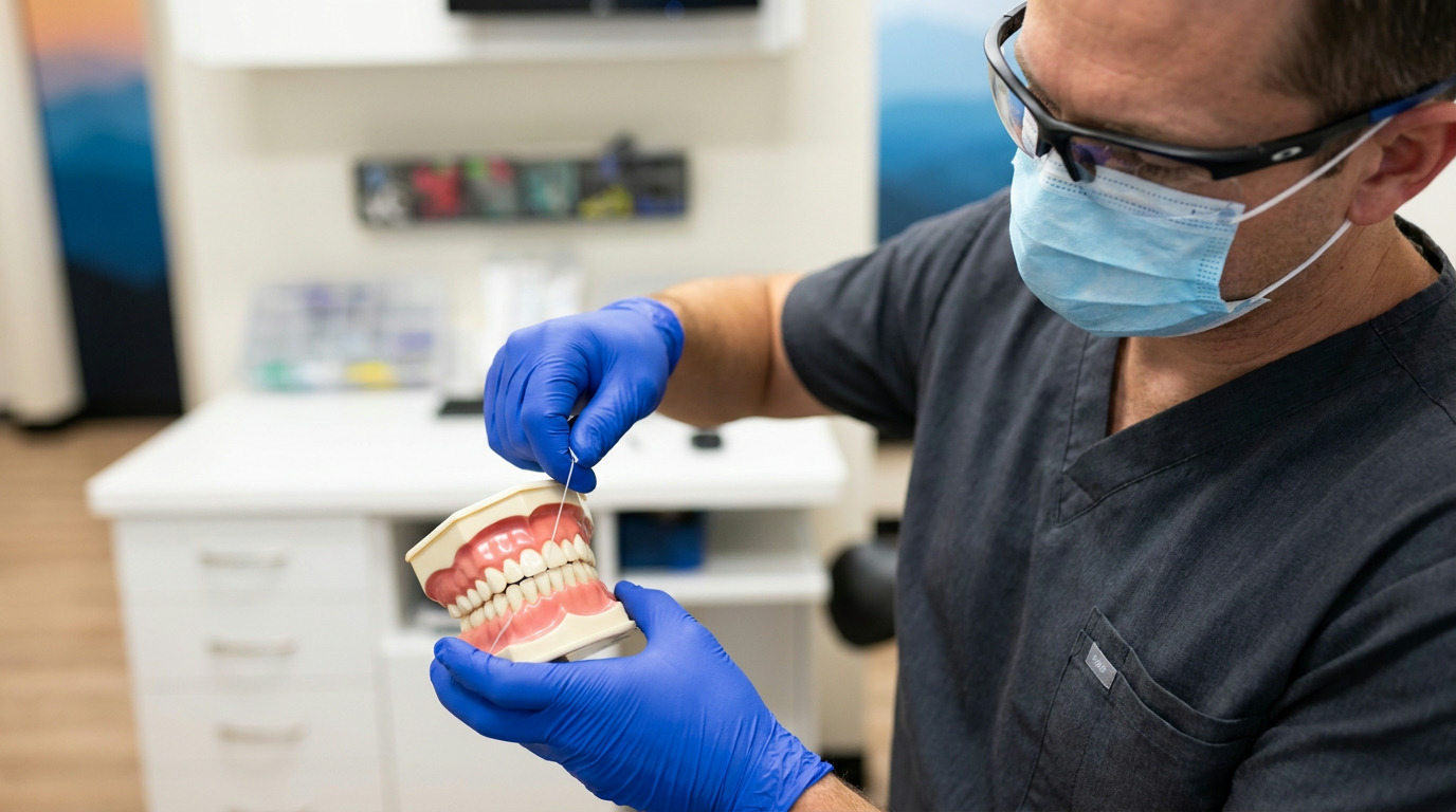 Dr. Chad Curtis, wearing blue scrubs, safety glasses, a medical mask, and blue gloves, demonstrates flossing on a dental model in a blurred modern dental office.