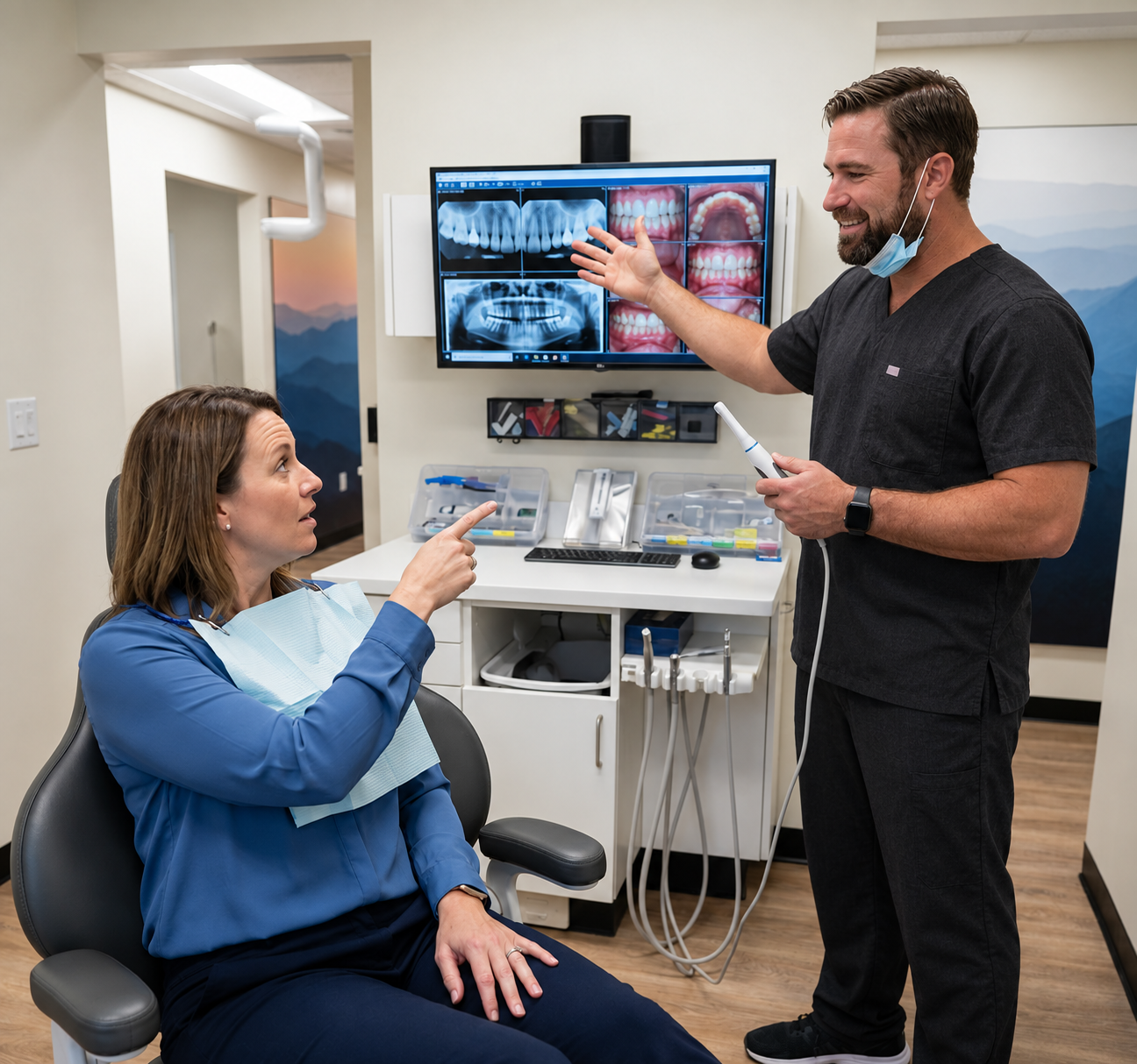 An Anchorage dentist at Muldoon Dental Arts shows a patient digital x-rays and intraoral images on a chairside monitor.