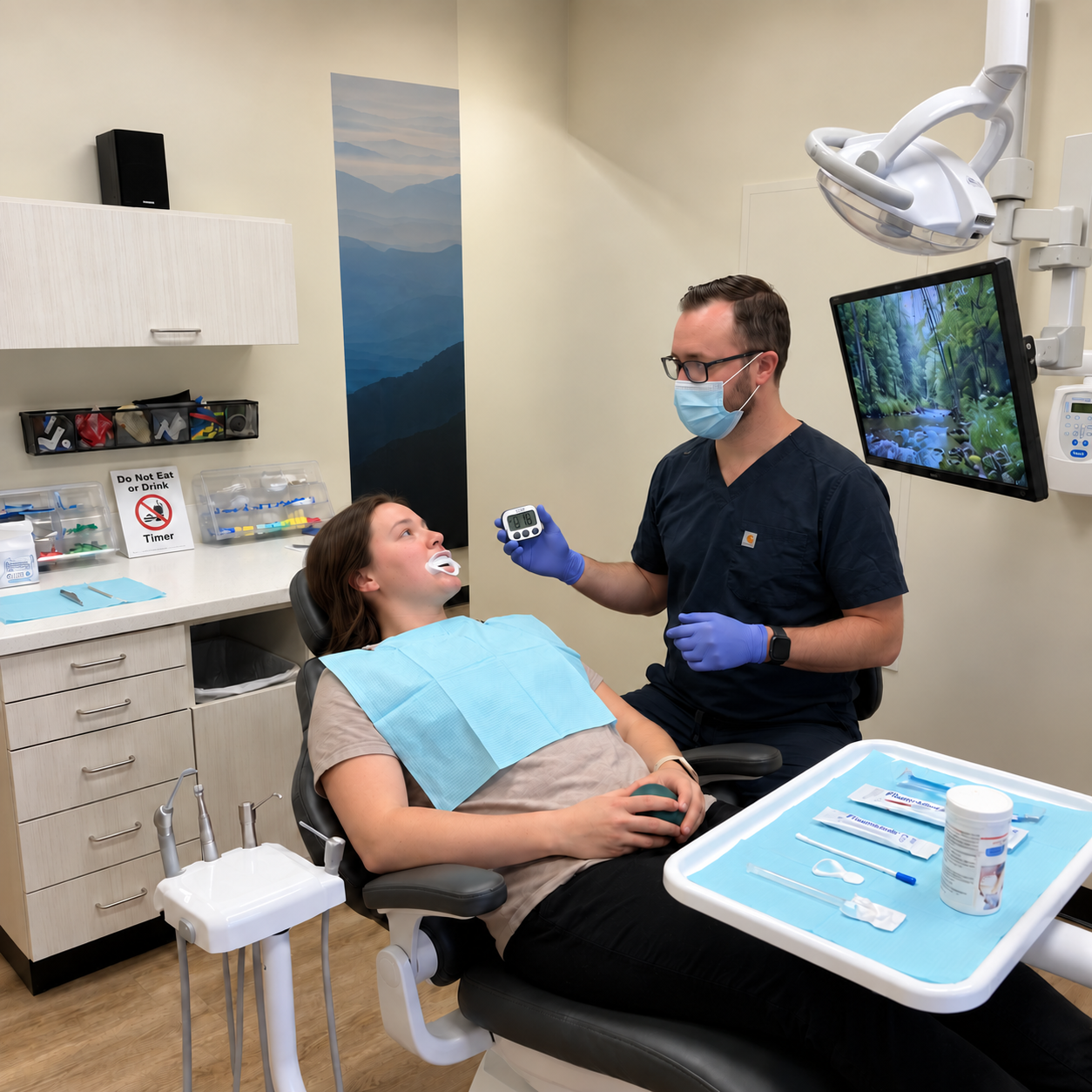 A Muldoon Dental Arts clinician times a fluoride tray treatment in Anchorage, while a patient watches the screen.