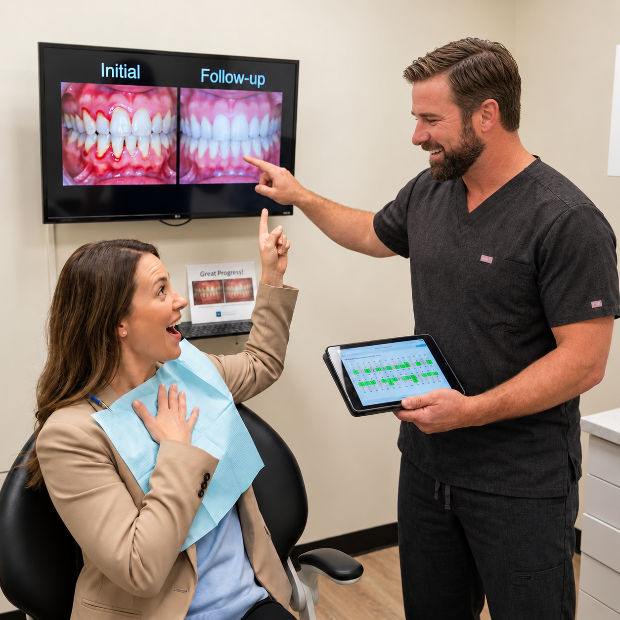 A Muldoon Dental Arts dentist in Anchorage shows a patient gum health progress on a monitor during a periodontal checkup.