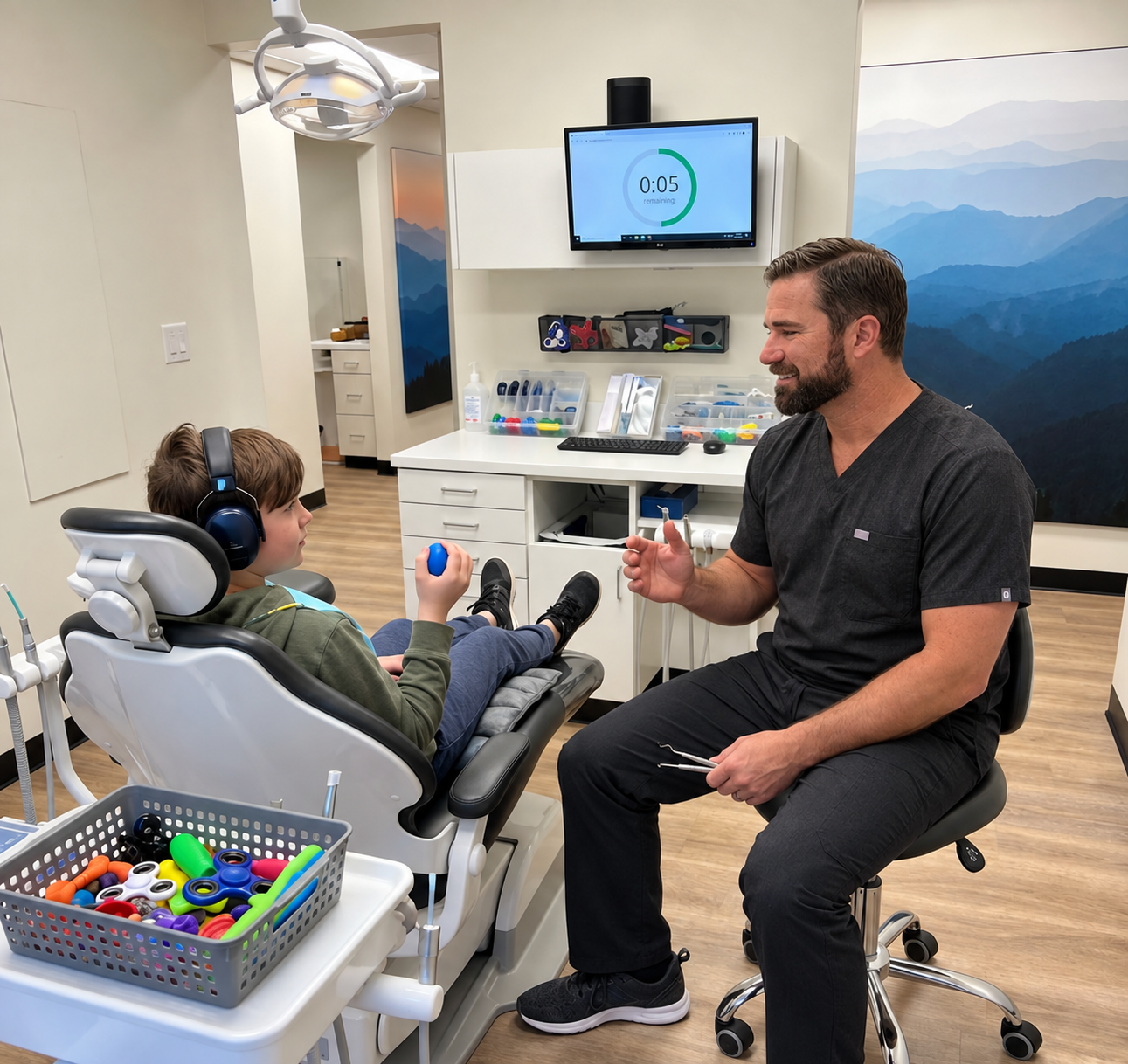A dentist at Muldoon Dental Arts in Anchorage waits patiently while a patient uses sensory items during a calm dental break.