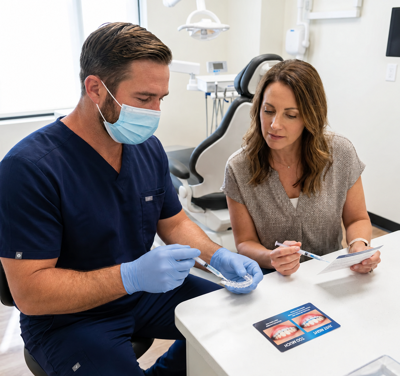 A Muldoon Dental Arts clinician in Anchorage shows a patient how to apply whitening gel to a custom tray for home use.