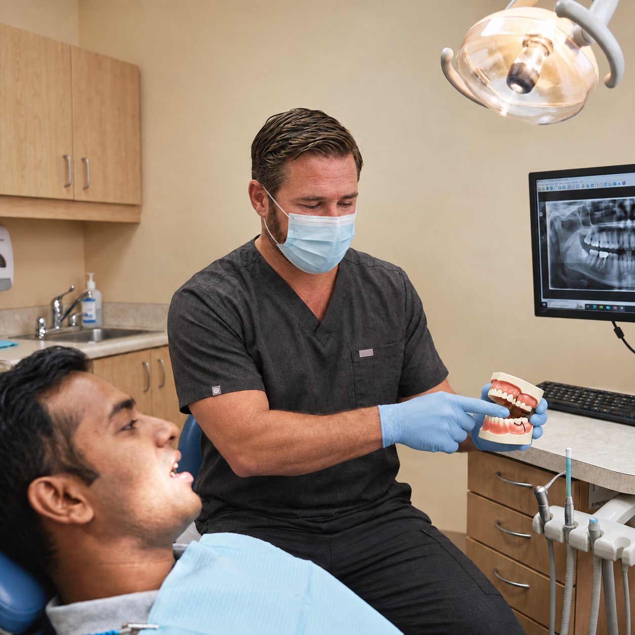An Anchorage dentist wearing dark scrubs, gloves, and a surgical mask demonstrates a dental model to a patient seated in a dental chair, with a dental X-ray displayed on a monitor in the background.