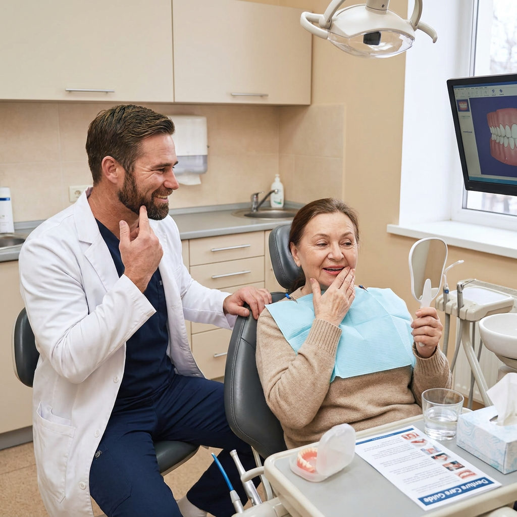 A Muldoon Dental Arts dentist in Anchorage, AK supports a patient as they view their new dentures in a handheld mirror.