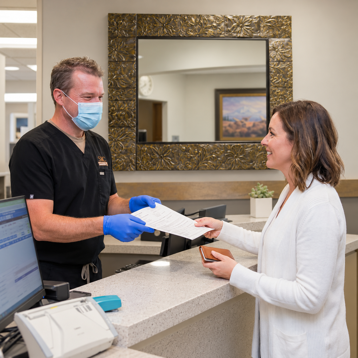 A dentist hands insurance forms to a patient at the Muldoon Dental Arts reception desk in Anchorage, Alaska.