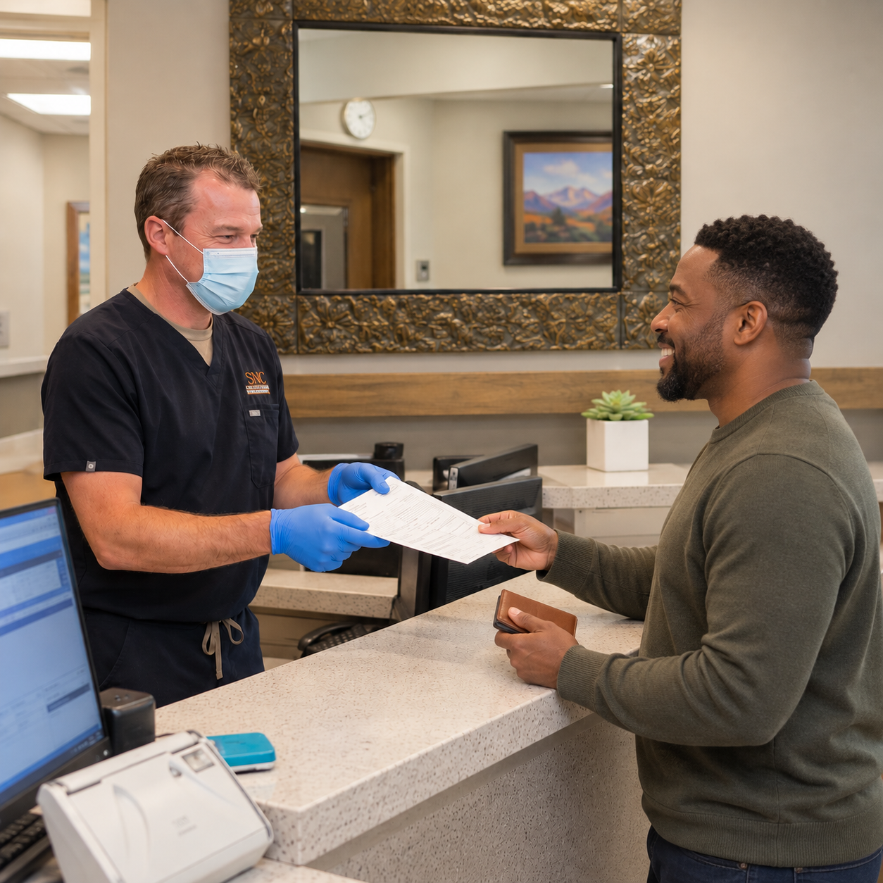 A dentist hands paperwork to a patient at the Muldoon Dental Arts reception desk in Anchorage.