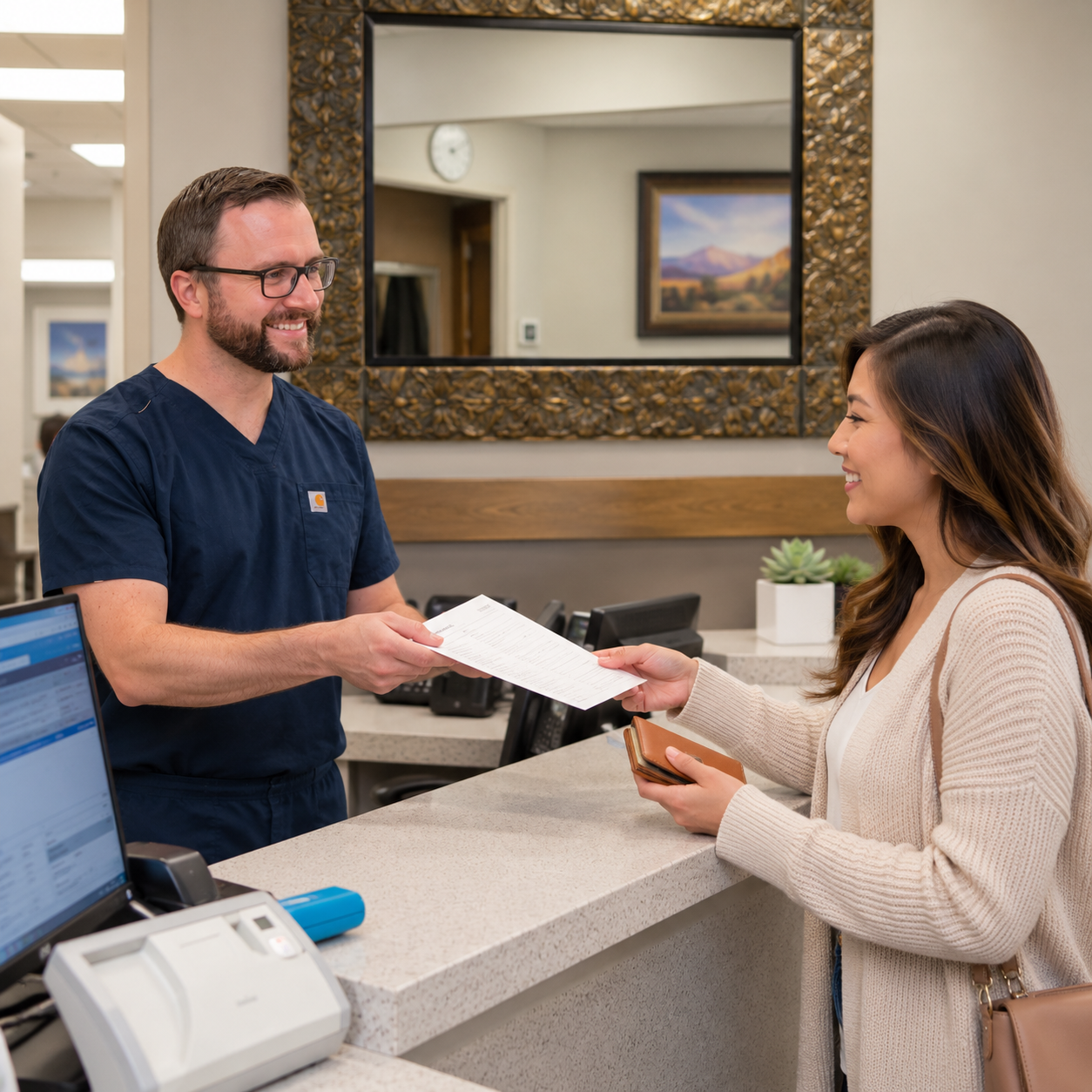 A dentist at Muldoon Dental Arts in Anchorage hands insurance paperwork to a patient at a modern reception desk.
