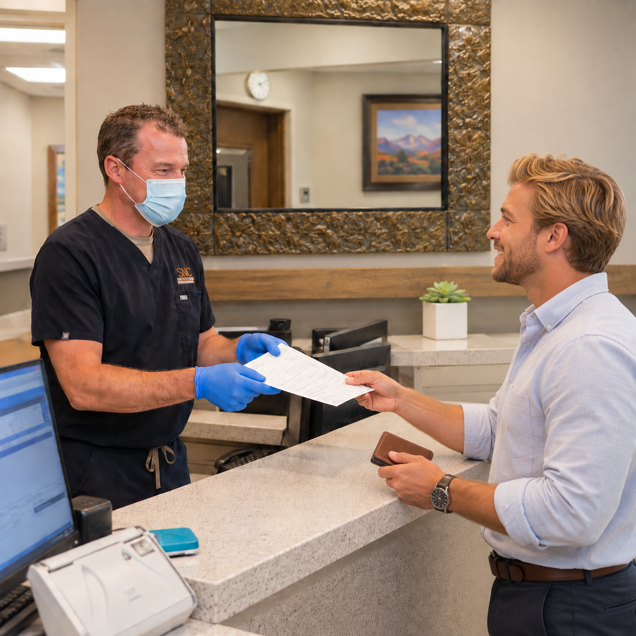 A dentist hands insurance paperwork to a patient at the Muldoon Dental Arts reception desk in Anchorage.