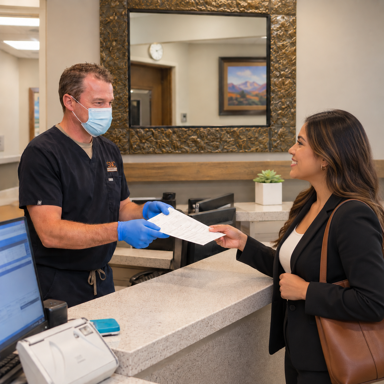 A dentist in navy scrubs hands insurance paperwork to a patient at the Muldoon Dental Arts reception desk in Anchorage.