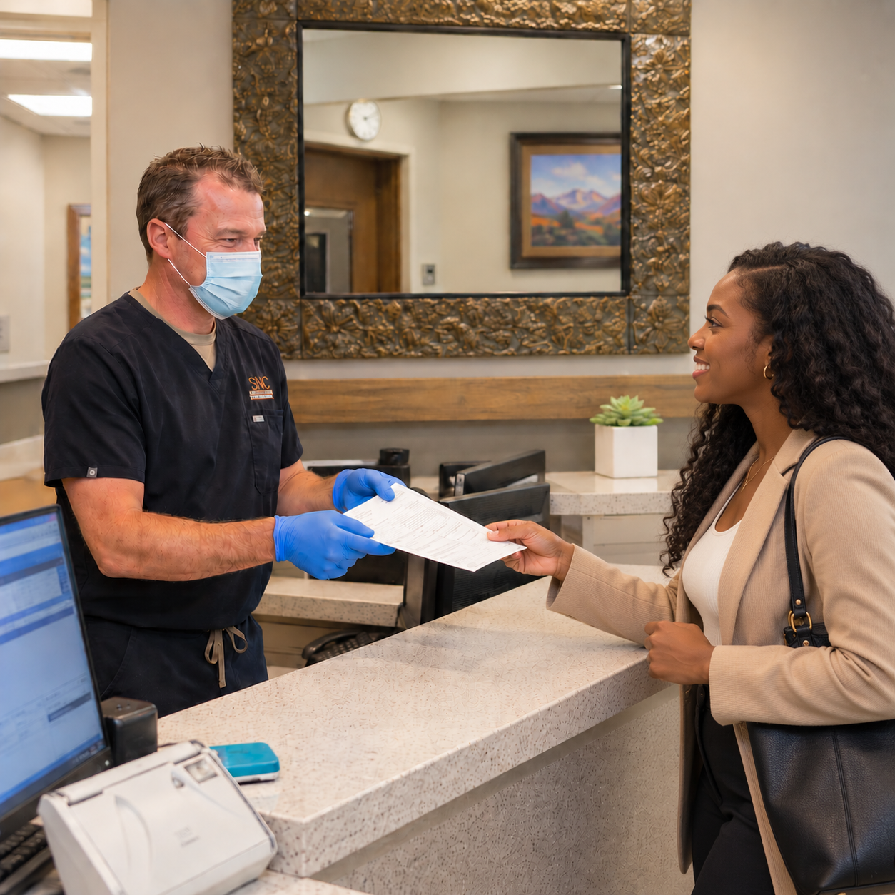 A dentist hands insurance forms to a patient at the Muldoon Dental Arts reception desk in Anchorage.