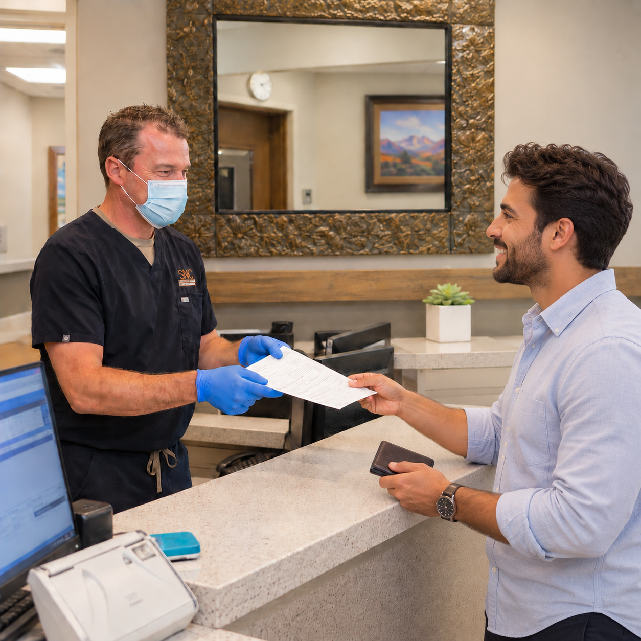 A dentist hands insurance forms to a patient at the Muldoon Dental Arts reception desk in Anchorage.