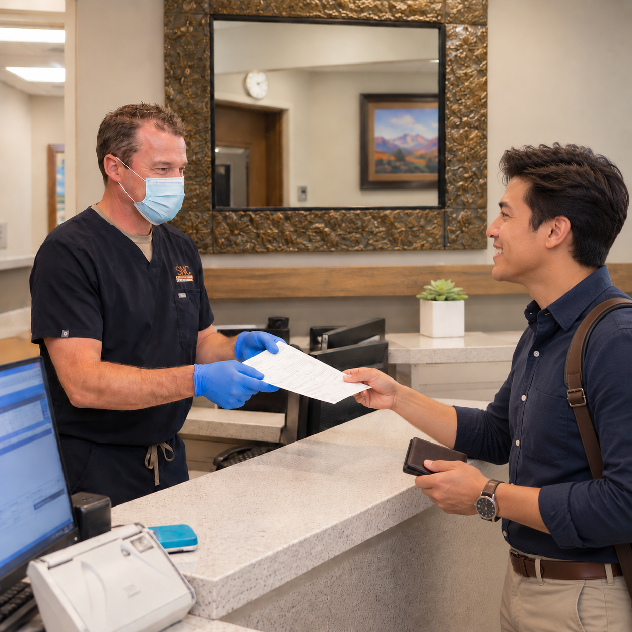 A dentist hands insurance forms to a patient at the Muldoon Dental Arts reception desk in Anchorage.