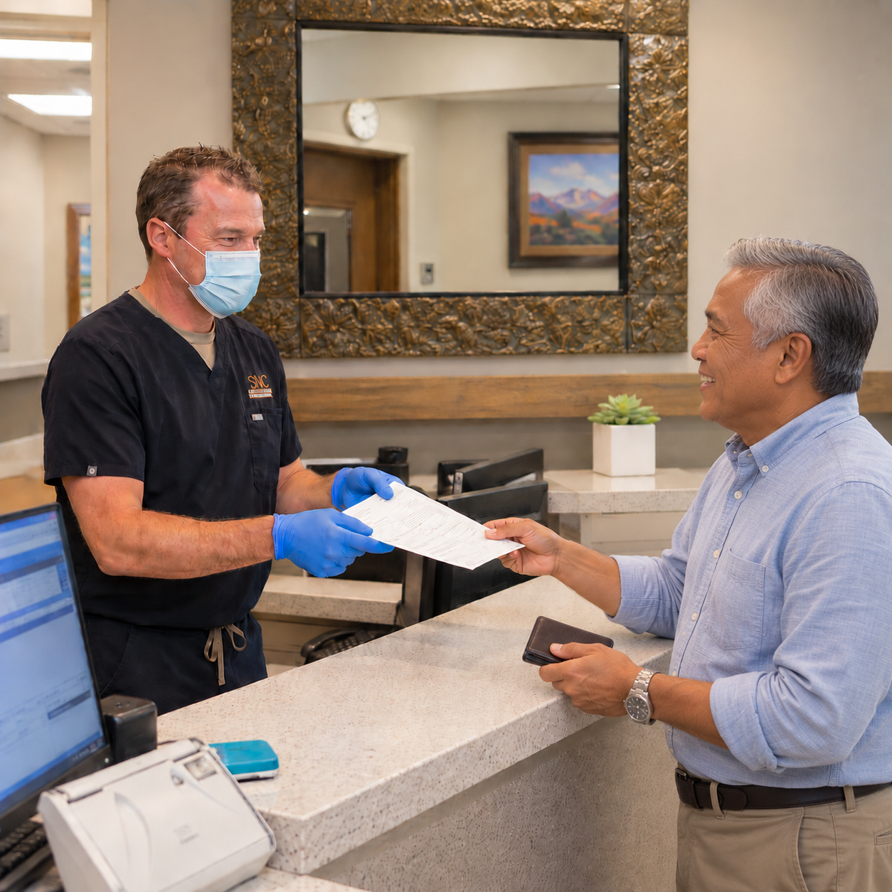 A dentist hands insurance forms to a patient at the Muldoon Dental Arts reception desk in Anchorage.
