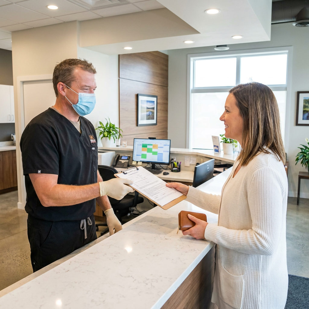 A dentist in navy scrubs hands insurance forms to a patient at the Muldoon Dental Arts reception desk in Anchorage.