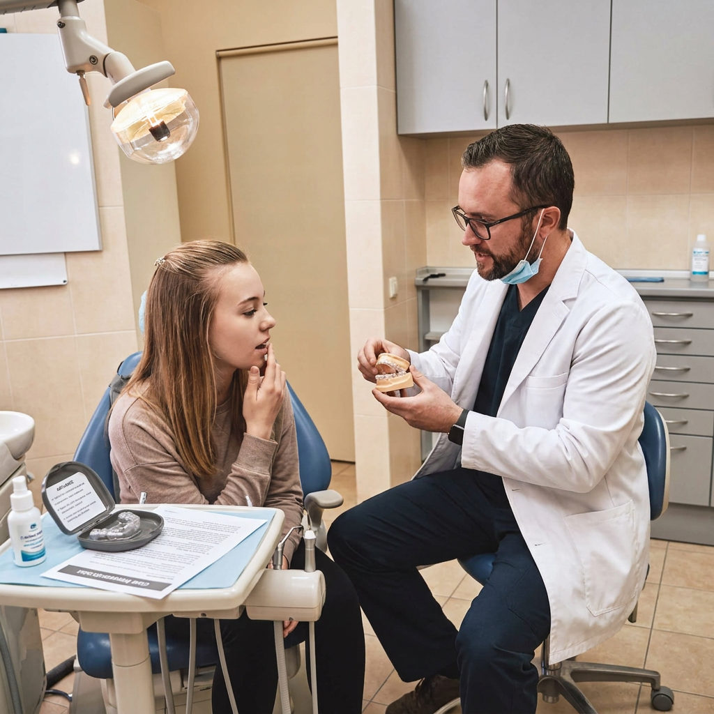 A Muldoon Dental Arts dentist in Anchorage shows a patient how to use an airway appliance with a dental model.