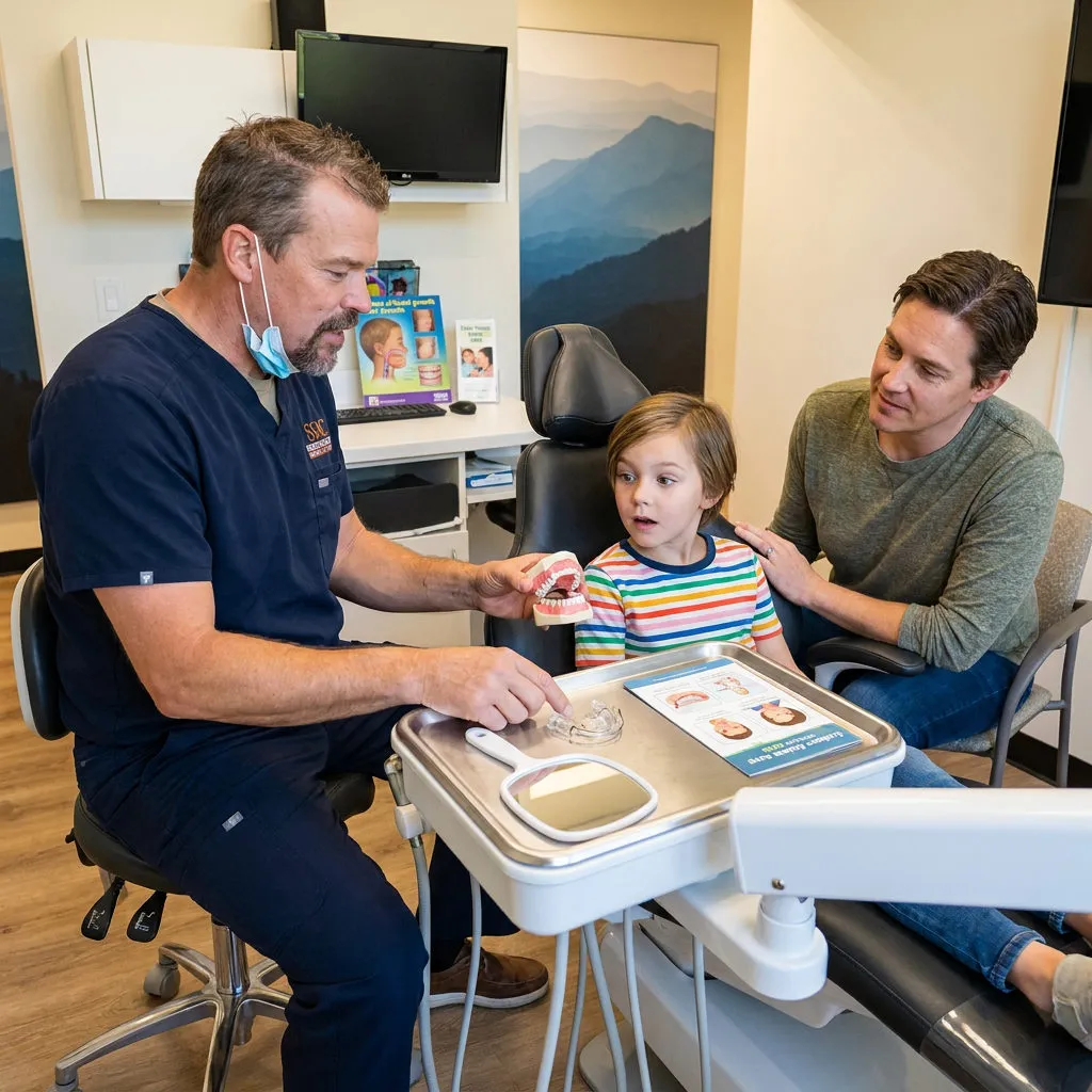A Muldoon Dental Arts dentist shows an airway appliance to a child and parent during an Anchorage orthodontic consultation.