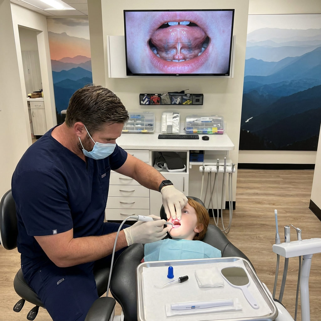 An Anchorage dentist at Muldoon Dental Arts uses an intraoral camera and Solea laser for a patient tongue-tie evaluation.