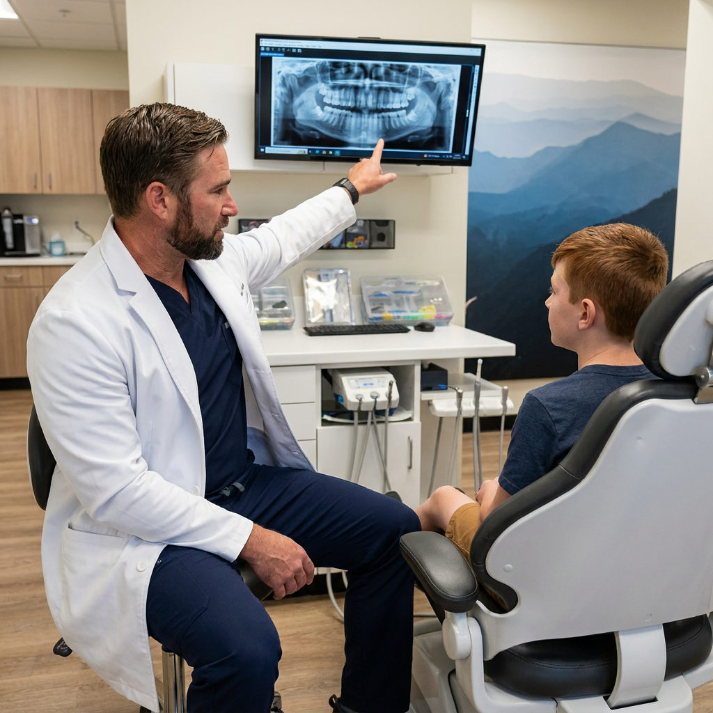 A Muldoon Dental Arts dentist shows a child a dental X-ray during a tongue-tie consultation in Anchorage.