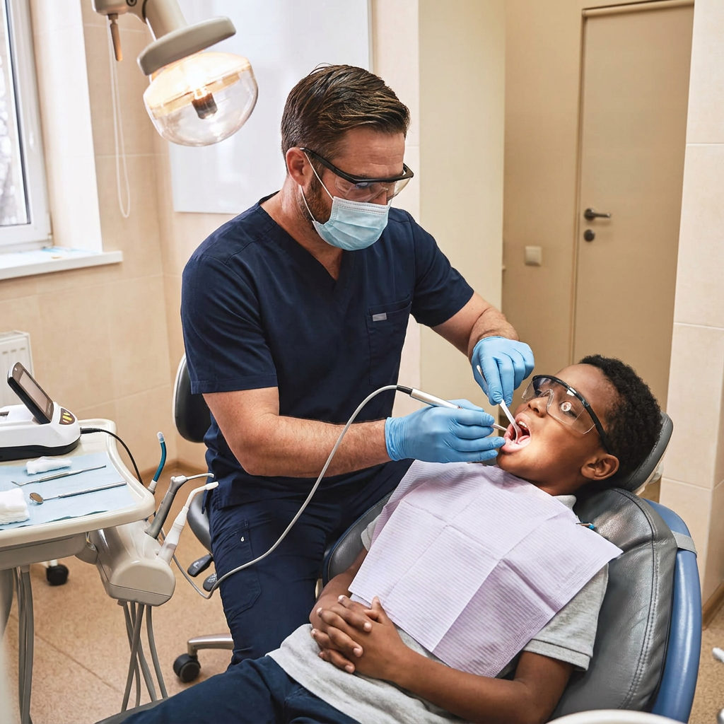 A Muldoon Dental Arts dentist in Anchorage uses a diode laser to perform a tongue-tie evaluation on a young patient.