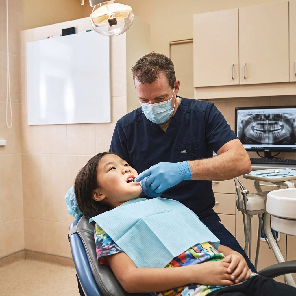 A dentist examines a child's labial frenum during a consultation at Muldoon Dental Arts in Anchorage, AK.