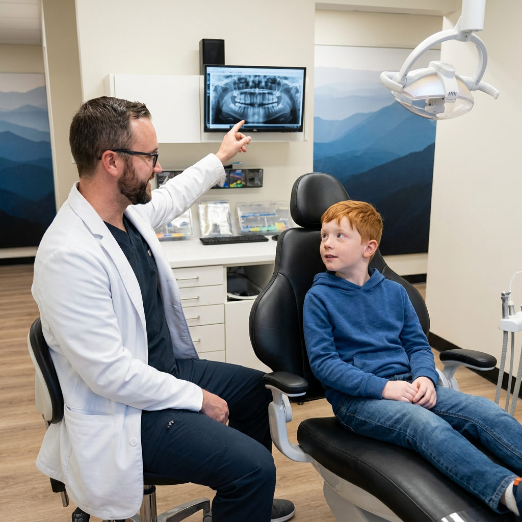 A dentist shows a digital X-ray to a young patient at Muldoon Dental Arts in Anchorage.