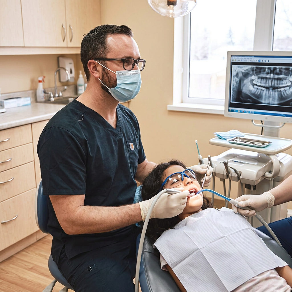A dentist in navy scrubs performs a frenectomy for a young patient at Muldoon Dental Arts in Anchorage, AK.