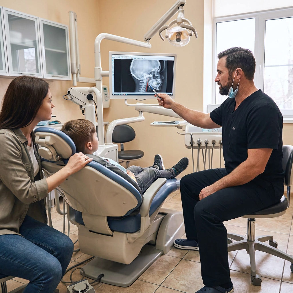 A Muldoon Dental Arts dentist shows a child and parent an airway X-ray on a monitor during a consultation in Anchorage, AK.
