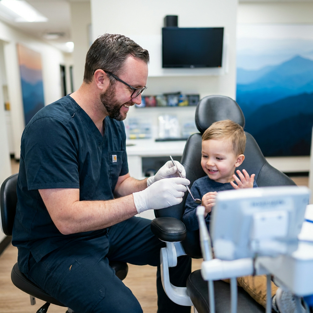 Dr. Anderson shows a dental mirror to a smiling child in a pediatric dentistry consultation.
