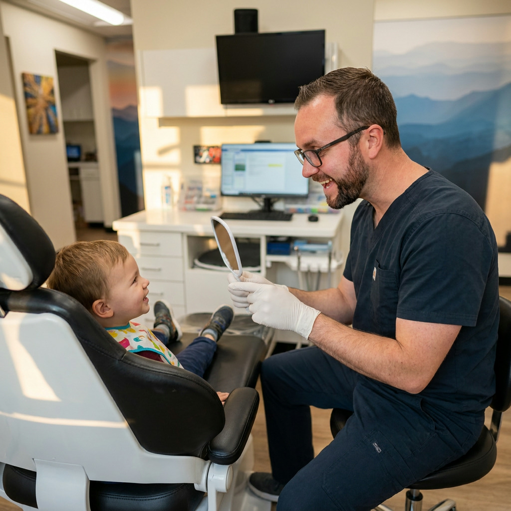 Pediatric dentist Dr. Anderson shows a child their smile in a mirror during a friendly consultation.