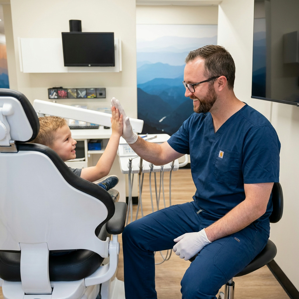 Dr. Anderson high-fives a happy child patient in a pediatric dentistry consultation.