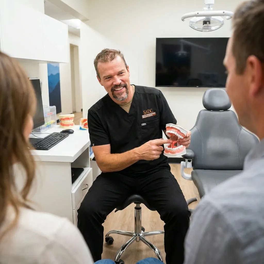 Dr. Brimhall explains tongue tie using models to parents with an infant during a pediatric dentistry consultation.