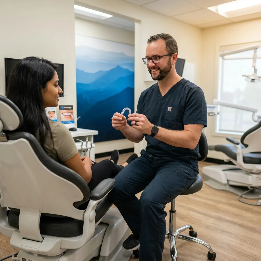 Dr. Anderson explains Invisalign clear aligner benefits to a young female patient in a dental consultation.
