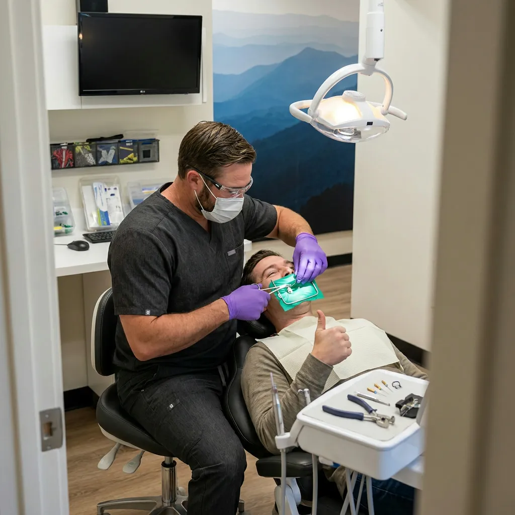 Dr. Curtis adjusts rubber dam for root canal therapy while patient gives cooperative thumbs up.