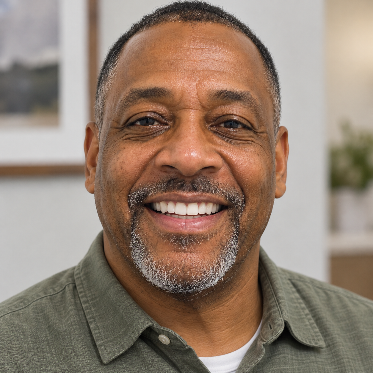 The same man smiling confidently with a full set of straight, natural looking teeth after dental restoration, wearing an olive green shirt.