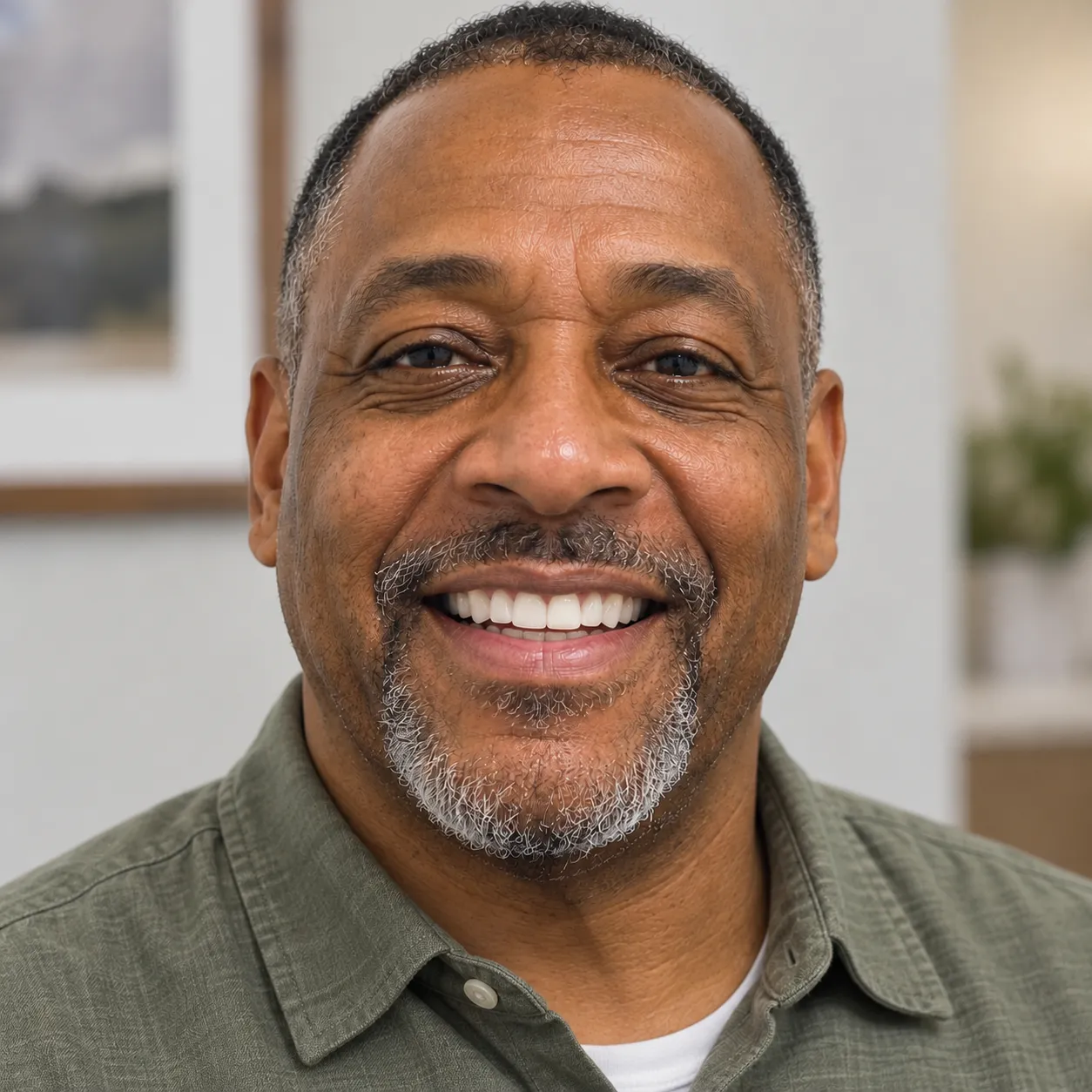 The same man smiling confidently with a full set of straight, natural looking teeth after dental restoration, wearing an olive green shirt.