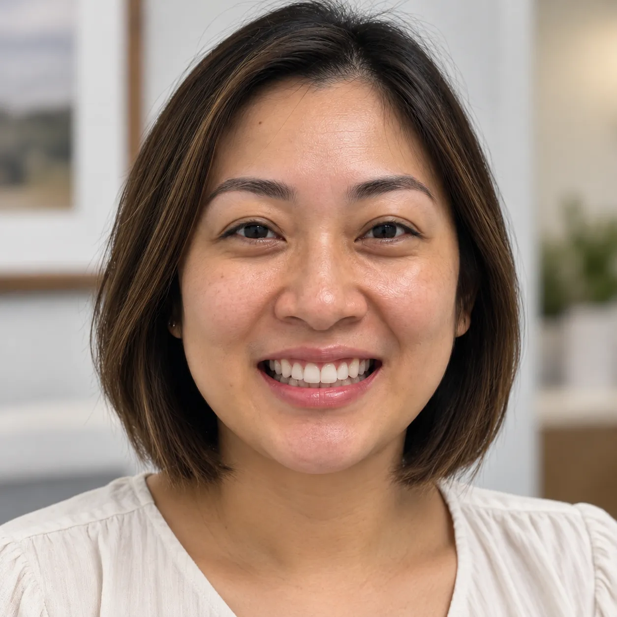The same woman smiling confidently with straight, natural looking teeth after dental treatment, featuring a shorter bob haircut and a white blouse.