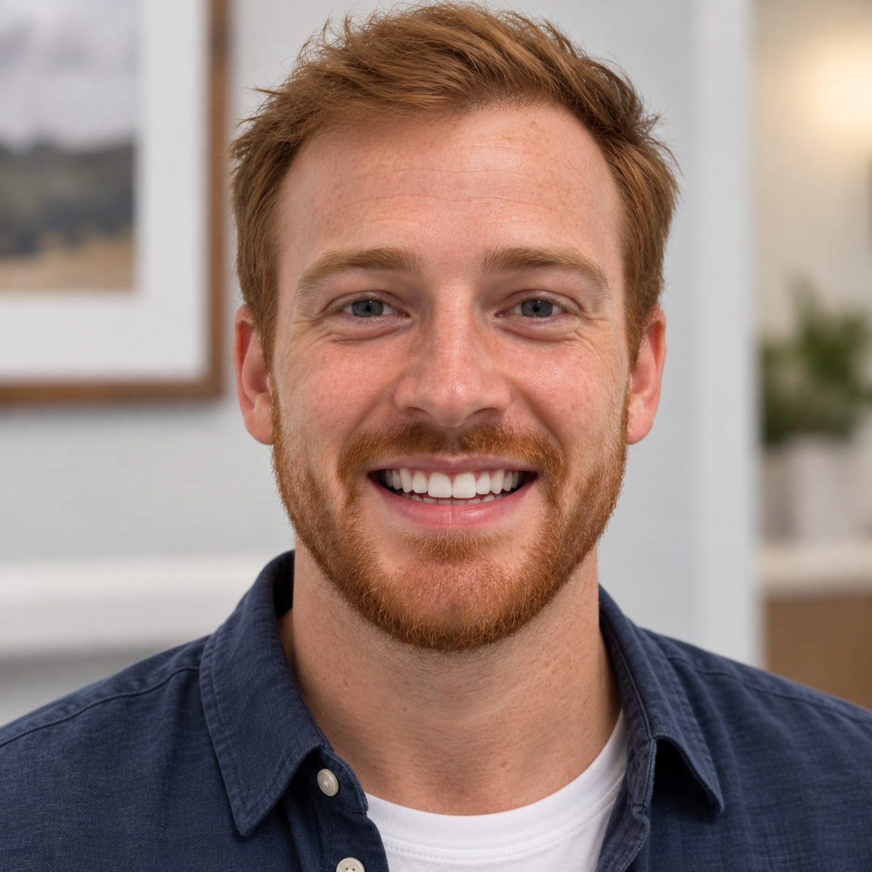 The same man smiling confidently with straight, bright, natural looking teeth after dental treatment, wearing a navy blue shirt.