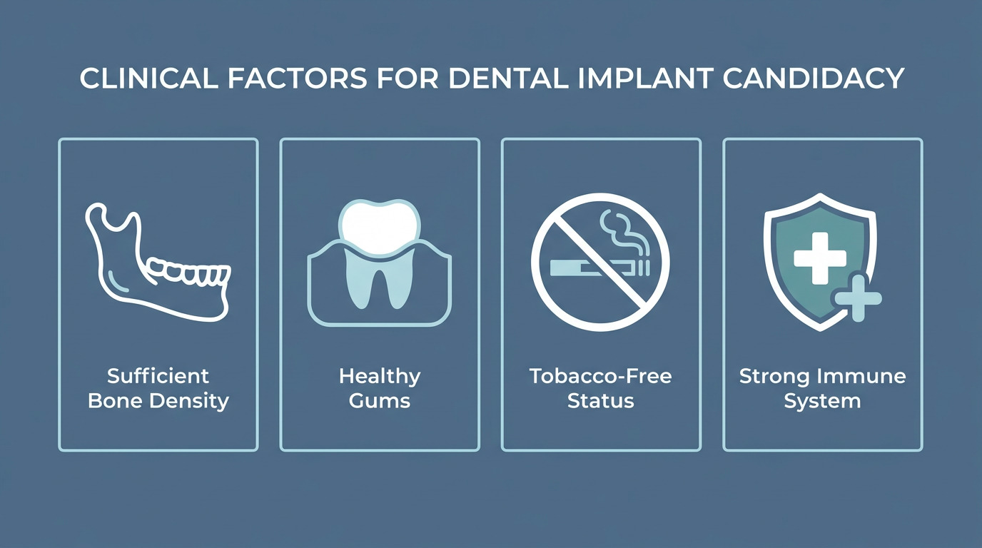 Infographic displaying four dental implant factors with icons for bone density, healthy gums, tobacco-free status, and a strong immune system on a blue background.